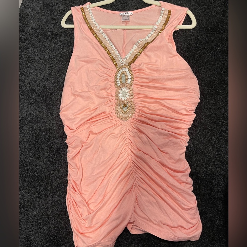 Light pink embellished Venus ruched tank top